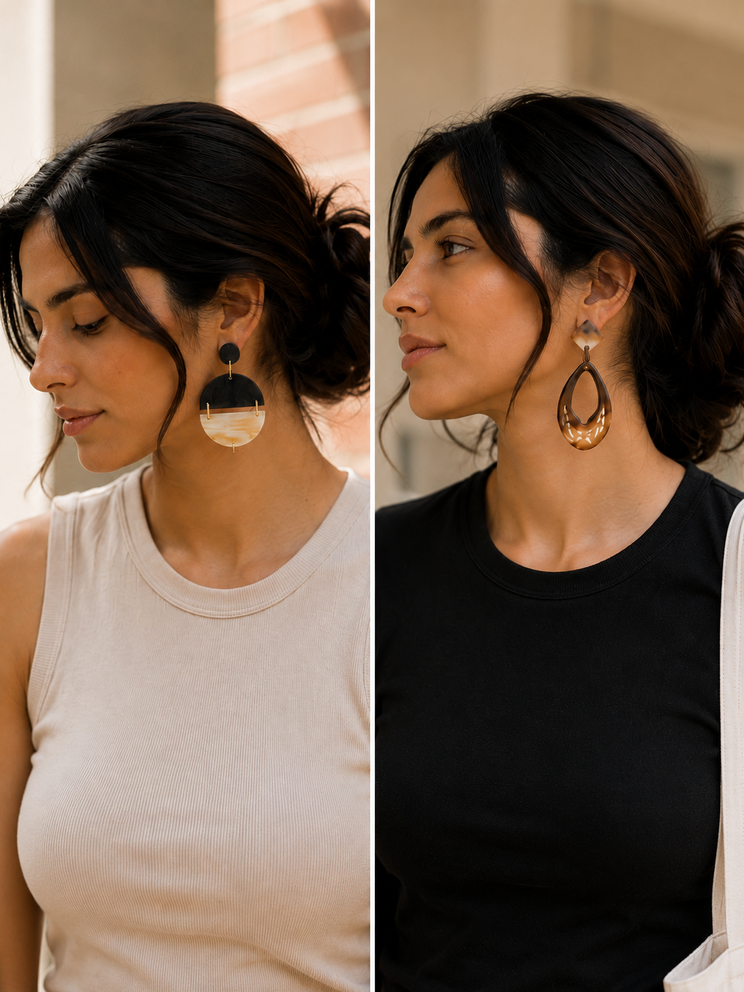 Natural material earrings made with buffalo horn, shagreen leather and fine metals