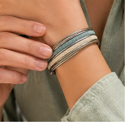 SLIM White Gold Cuff With Shagreen Inlay
