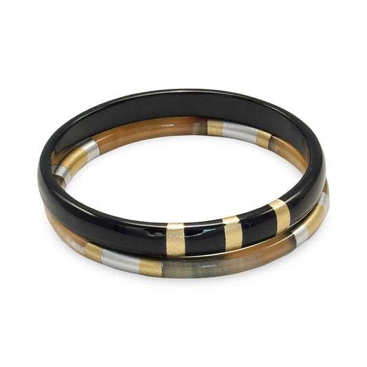 OSB01 Pair of horn bangles gld. silv. leaf accents