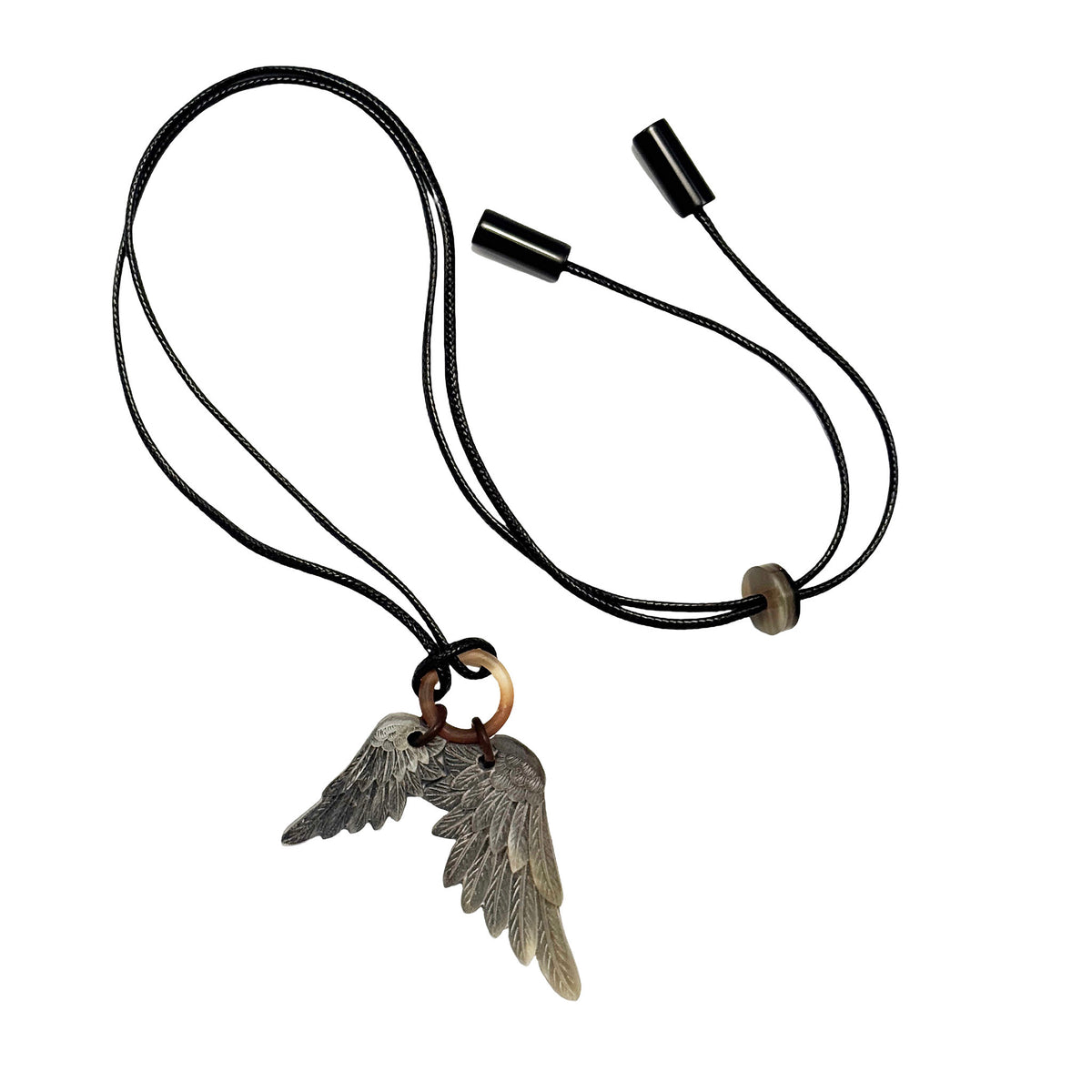 OSN01  Dark carved wings necklace on cords